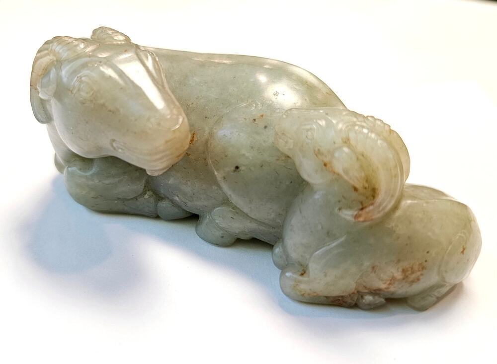 Antique Greasy Nephrite Jade Ram Family Sculpture Late 1800s